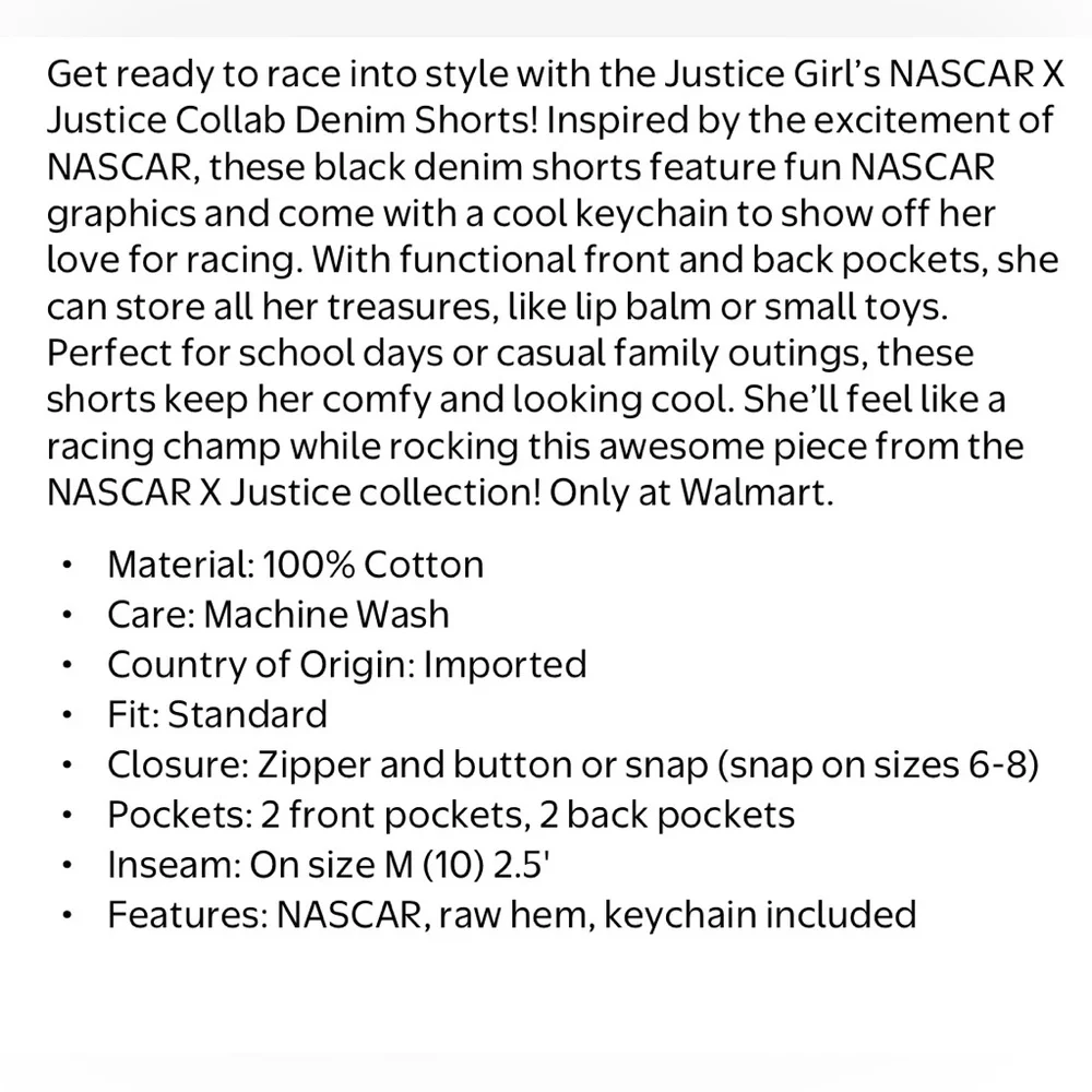 Justice‎ x NASCAR Girls Black Denim Shorts Size 6 NWT Keychain Included